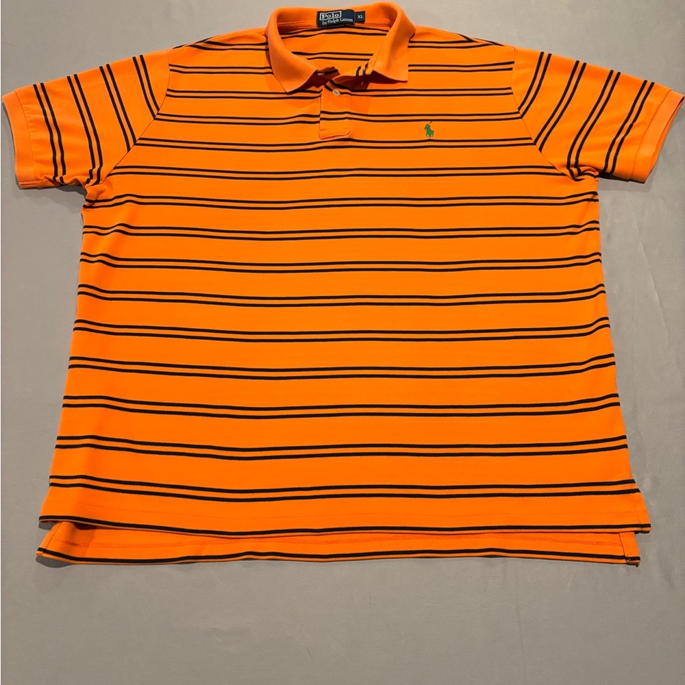 Polo Ralph Lauren Shirt Mens XL‎ Orange Navy Blue Striped Green Pony Vintage 90s